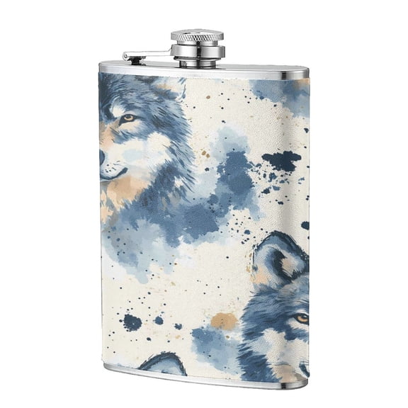 8 Oz Flagon Stainless Steel Leather Hip Flask Compact Pocket Size Leak Proof Seal For Camping Hiking Beach Party Gift For Men Wolf