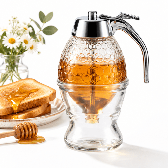 8 Oz Glass Honey Dispenser with Stainless Steel Shaft and Plastic Top