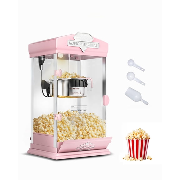 8 Oz Popcorn Machine, Tabletop Popcorn Maker, Countertop Pop Corn Machine Makes Up to 32 Cups, Movie Theater Popcorn Popper Machine with Stainless-Steel Kettle for Home Family, 300 W, Pink