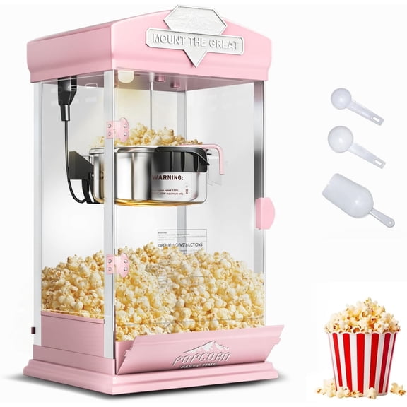 Chicdaze 8 oz Popcorn Machine, Tabletop Popcorn Maker, Countertop Pop Corn Machine Makes up to 32 Cups, Movie Theater Popcorn Popper Machine with Stainless-Steel Kettle for Home Family, 300 W, Pink