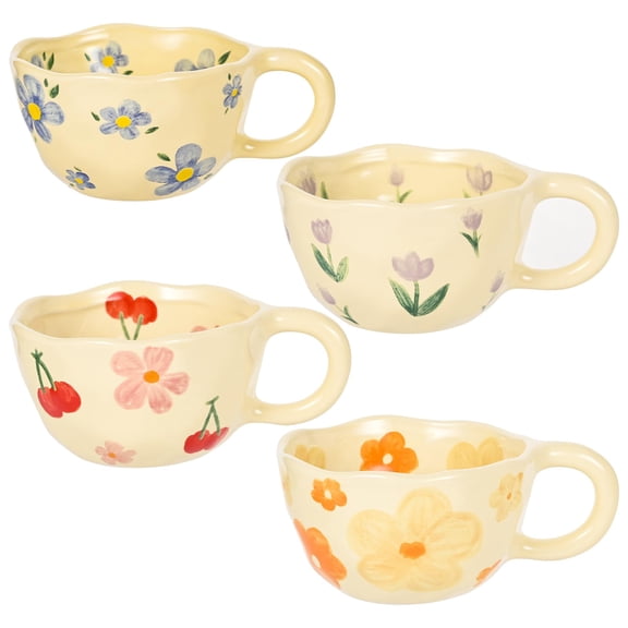 8 Oz Porcelain Coffee Mug 4 Pack Irregular Flower Print Latte Cup