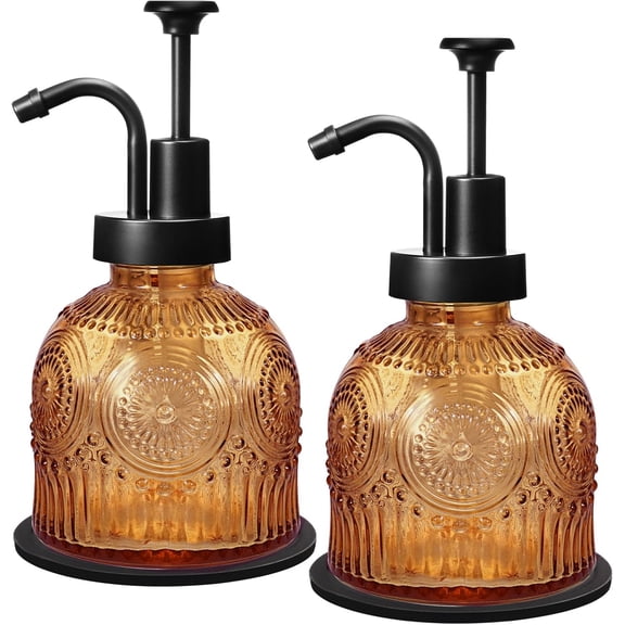 8 Oz Vintage Glass Bathroom Soap Dispensers with Pump, 2 Pack Refillable Kitchen Dish Soap Dispenser with Stripe, Antique Rustic Hand Soap Liquid Bottle (Brown-Black Pump)