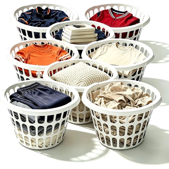 (8 PACK) 1-Bushel Round Plastic Laundry Baskets - Durable,Large Capacity for Bedroom, Bathroom, Laundry Room & Dorm