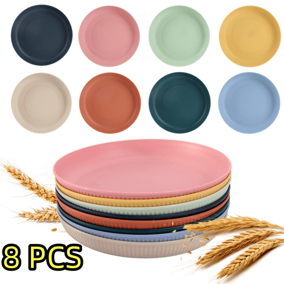 CCF 8pcs 9 inche Wheat Straw Plates, Lightweight Unbreakable Dinner Plate, Microwave Safe, Reusable
