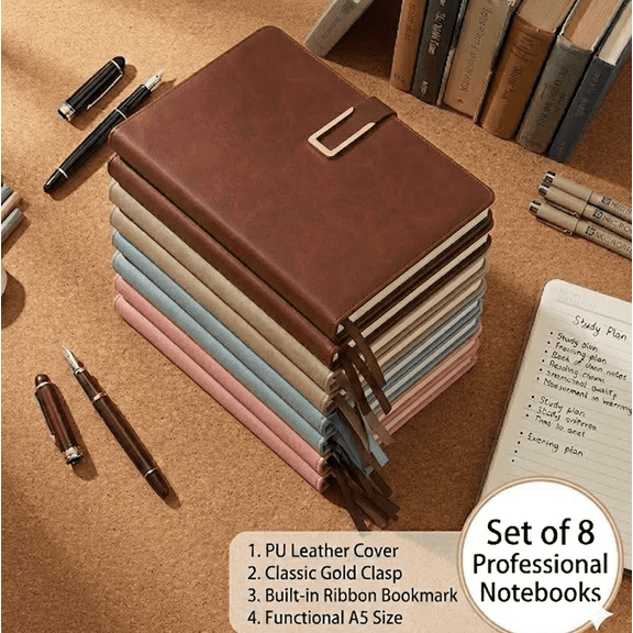 8-PACK A5 Faux Leather Journal Notebooks, Professional Lined Diary with Metal U-Clasp & Pen Loop, 80GSM 100 Sheets 1CM Ruled Office Writing Pad for Business, 4 Colors