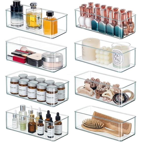 8 PACK Drawer Organizer Bins Bathroom Deep Drawer Silverware Organizers Clear Stackable Storage Bins for Vanity, Pantry, Office, Cabinet, Kitchen Counter Organization and Storage