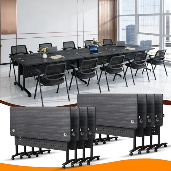 8 PACK Folding Conference Table,Conference Room Tables with Wheels,47.2 IN Modular Seminar Table with Grommet,Mobile Rolling Training Tables for Office Classroom