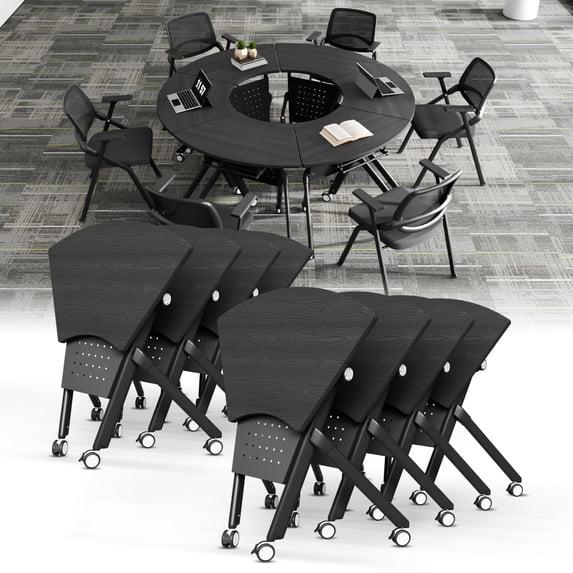 8 PACK Folding Conference Tables with Wheels Mobile Meeting Table Rolling Conference Room Tables Seminar Tables for Office Training Classroom-Fan Shaped