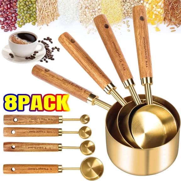 8 PACK Gold Measuring Cups and Spoons, Wood Handle with Metric and US Measurements, Premium Stainless Steel, Golden Polished Finish, Measuring Cup for Cooking and Baking