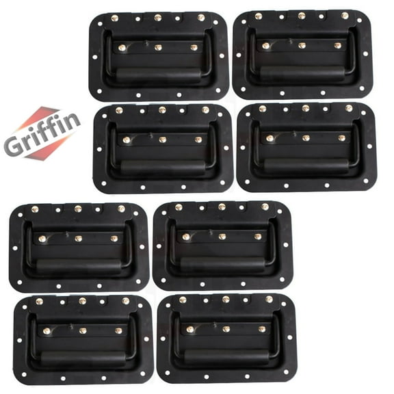 8 PACK - Griffin Recessed Speaker Cabinet Handles for Rack Road Flight Case Spring Loaded Flush Metal Flip Pull with Grip Rubber Padding for Trunk Chest Carry Case DJ PA Pro-Audio Stage Gear Parts