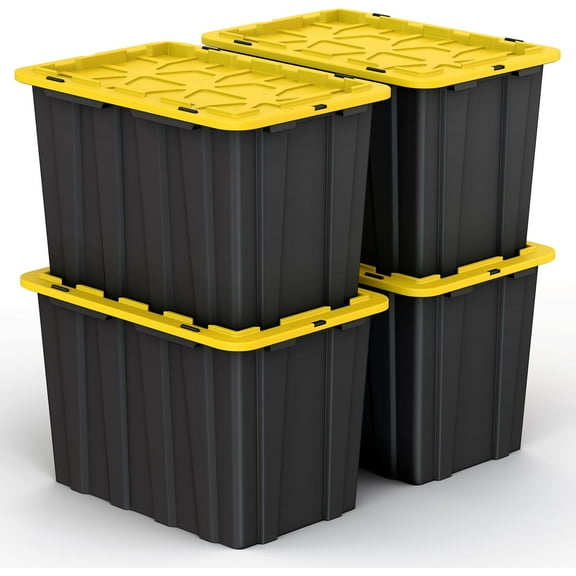 8 PACK Medium Black & Yellow Storage Bins | Plastic Tote Organizing Container with Secure Latching Lids, Stackable, Extra Strength with Built in Handle | Black and Yellow Bins | 24.5" x 16.5" x 9"