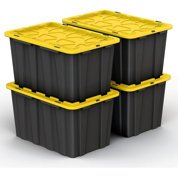 8 PACK Medium Black & Yellow Storage Bins | Plastic Tote Organizing Container with Secure Latching Lids, Stackable, Extra Strength with Built in Handle | Black and Yellow Bins | 24.5" x 16.5" x 9"