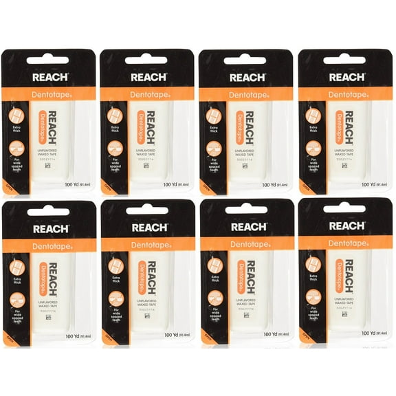 8 PACK Reach Dentotape Unflavored Extra Thick Waxed Tape 100 Yards. Dental Floss
