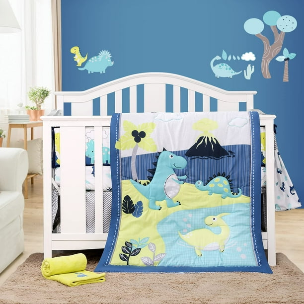 8 PC Dinosaur Crib Bedding Set for Baby Boys Blue Nursery Set with Quilt Sheet Dust Ruffle Blanket Diaper Stacker 3 Wall Stickers Walmart Business Supplies