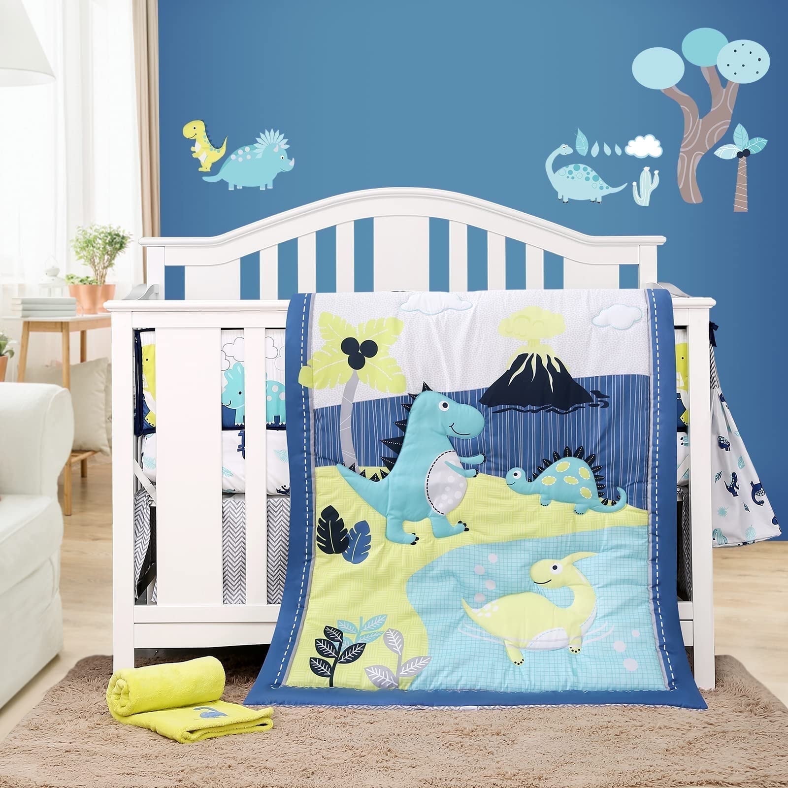 PC Dinosaur Crib Bedding Set for Baby Boys, Blue Nursery Set