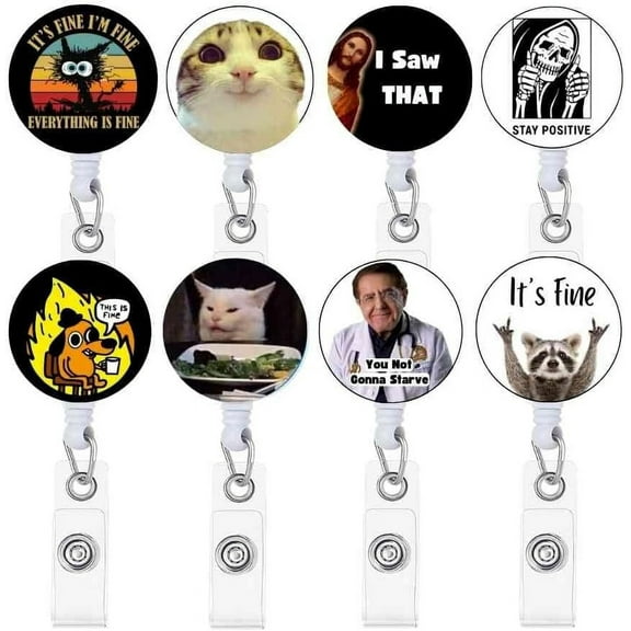 8 PC Funny Cute Badge Reel Holder Retractable ID Card Tag Clip for Nurse Nurses Teacher Medical Assistant RN School Student Office Work Employee | This is Fine Dog Accessories Gifts