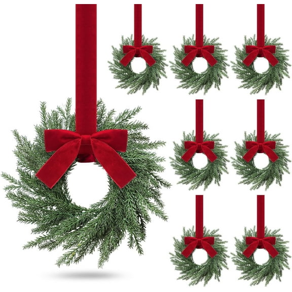 8 PC Small Christmas Norfolk Wreaths Evergreen Garlands, 12.6" Christmas Kitchen Cabinet Mini Wreaths Real Touch with Bow and Burgundy Ribbon for Xmas Front Door Window Home Table Pillar Indoor Decor