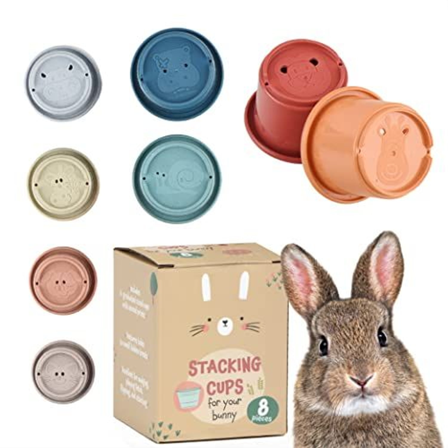 [8 PC] Stacking Cups for Rabbits - Wheat Straw Rabbit Toys with Cute ...