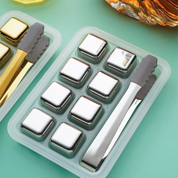 8 PC Stainless Steel Ice Cubes with Pliers Reusable Cooling Stones for Whiskey Cocktails Beverages Silver