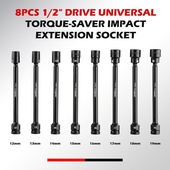 8 PCS 1/2" Drive Universal Impact Extension Socket Set, 7.87 Inch Long Swivel Socket Set, Universal Wobble Socket, 6-Point, Metric, 12-19mm, Cr-Mo