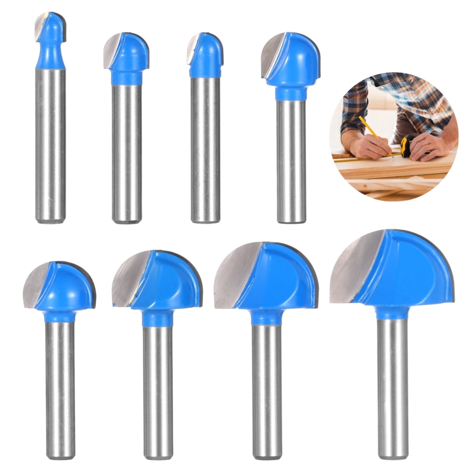 8 Pcs Shank Round Nose Router Bit Set, Wood Router Bit 1/4 Shank for Woodworking, Cove Core Box Router Tool, Solid Carbide Double Flute Router Bits Including 1/4" 5/16" 3/8" 1/2" 5/8" 3/4" 7/8" 1"