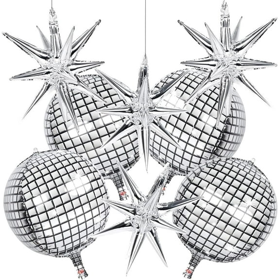 8 Pcs 22Inch Silver Disco Ball Ballons, 4D Large Foil Balloons with Metallic Star for 70s Disco Dance Diamond Birthday Party Graduation New Year Decoration for Women