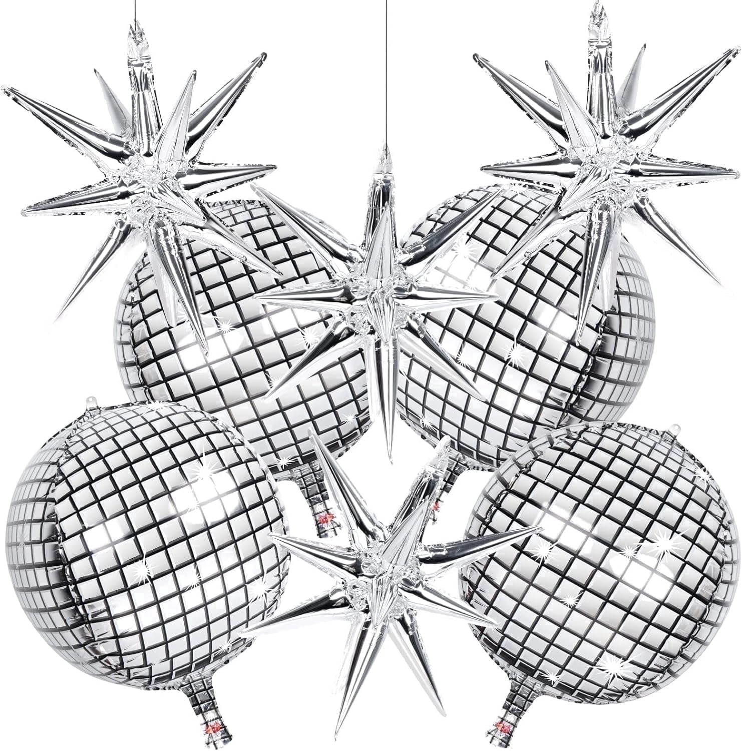 8 Pcs 22Inch Silver Disco Ball Ballons, 4D Large Foil Balloons with Metallic Star for 70s Disco Dance Diamond Birthday Party Graduation New Year