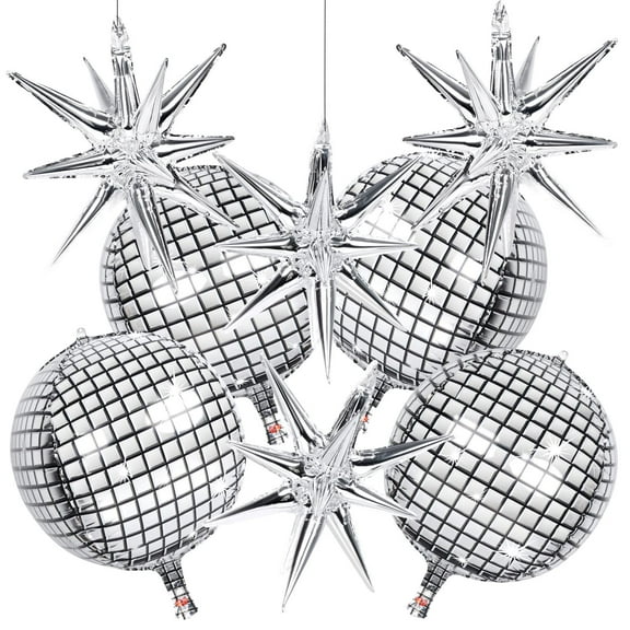 8 PCS 22Inch Silver Disco Ball Ballons, 4D Large Foil Balloons with Metallic Stars for 70s Disco Dance Birthday Party Graduation New Year Decoration