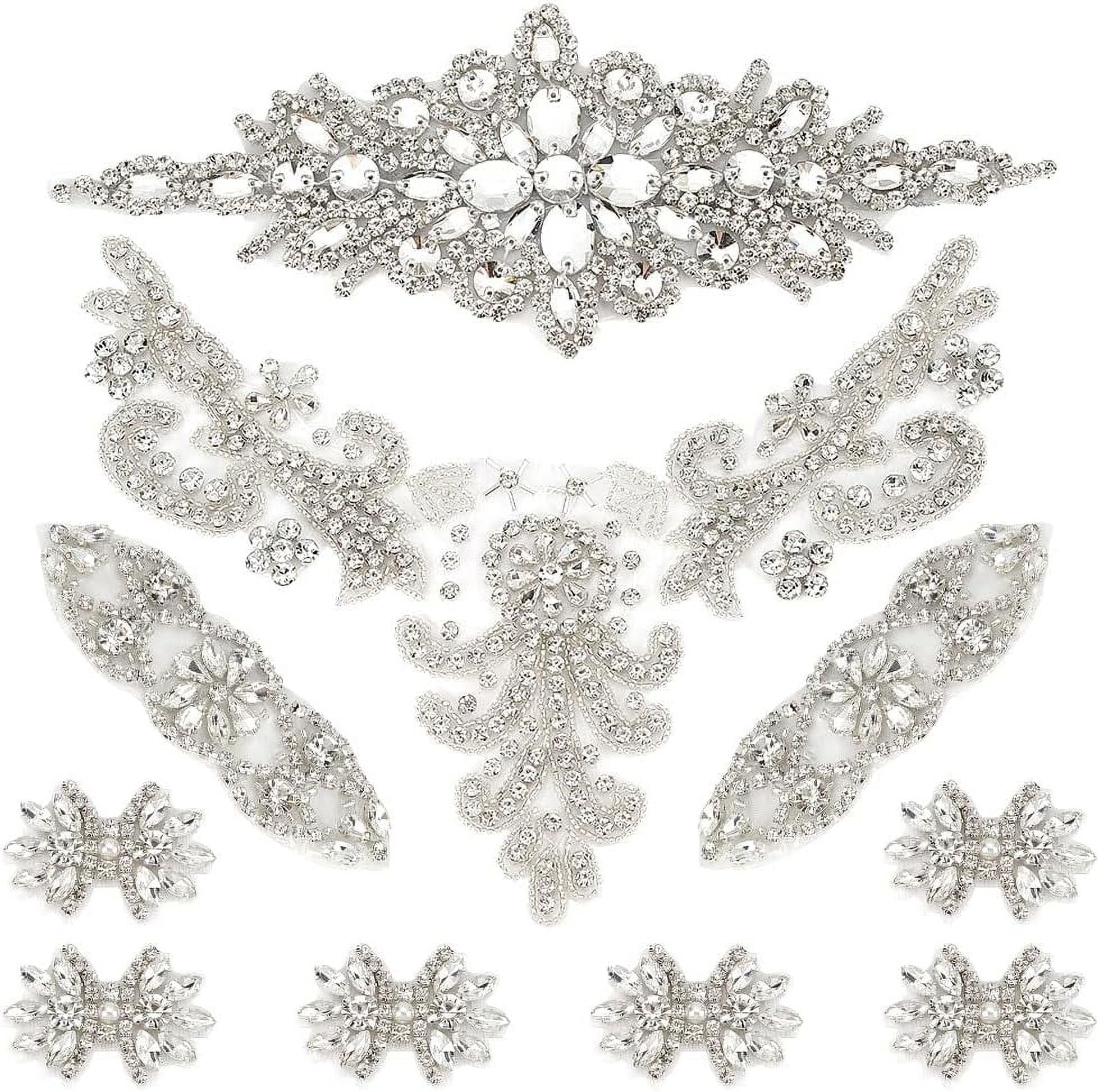 8 PCS 4Style Crystal Rhinestone Applique Wedding Rhinestone Appliques Iron on/Sew on Rhinestone Bridal Patches Silver Bridal Wedding Appliques for Wedding Dress Belt Decoration