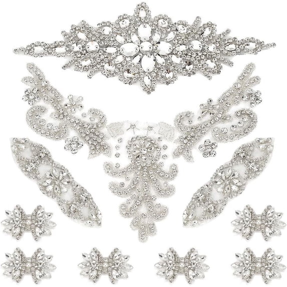 8 PCS 4Style Crystal Rhinestone Applique Wedding Rhinestone Appliques Iron on/Sew on Rhinestone Bridal Patches Silver Bridal Wedding Appliques for Wedding Dress Belt Decoration