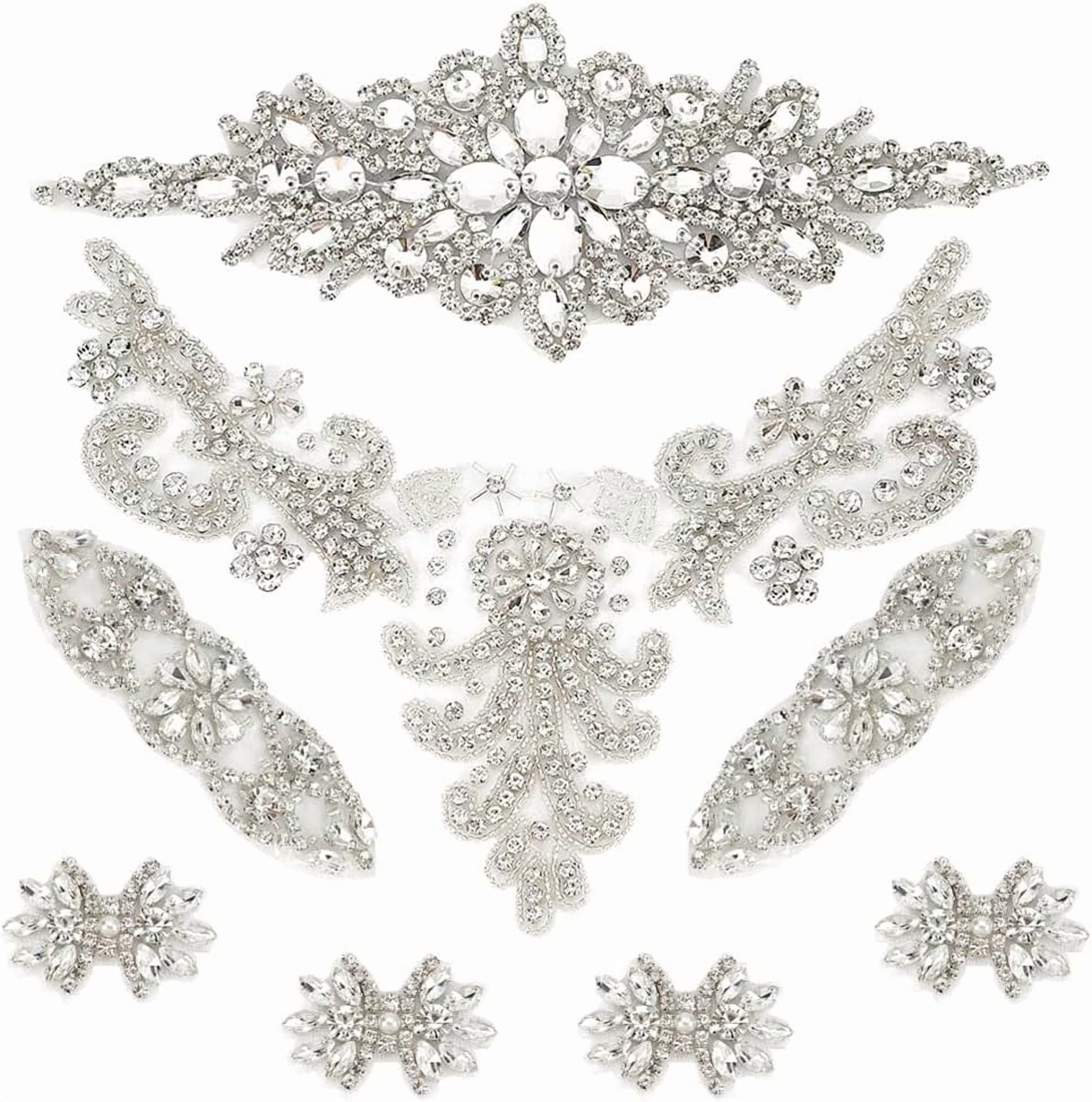 8 PCS 4Style Rhinestone Applique Wedding Rhinestone Appliques Iron on/Sew on Bridal Patches Silver Bridal Appliques for Wedding Dress Belt Decoration Gray