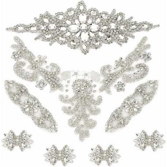 8 PCS 4Style Rhinestone Applique Wedding Rhinestone Appliques Iron on/Sew on Bridal Patches Silver Bridal Appliques for Wedding Dress Belt Decoration diy