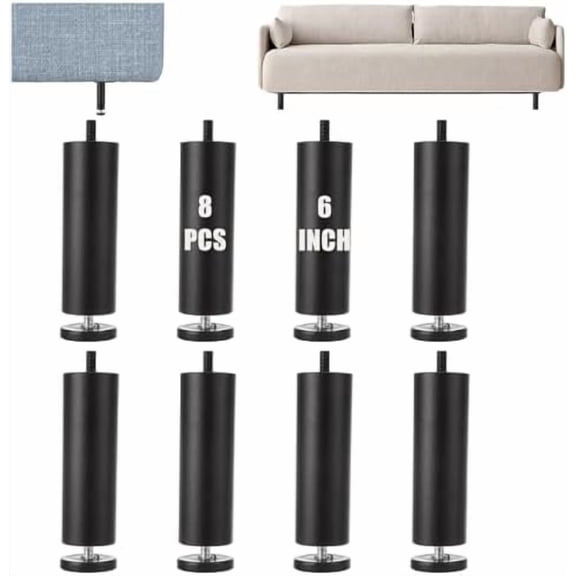 8 PCS 6 Inch Adjustable Furniture Legs Black Adjustable Bed Support Legs 6 Inch Metal Sofa Legs Heavy Duty M8 Thread Replacement Couch Legs for Cabinet, Desk, Furniture, Chairs