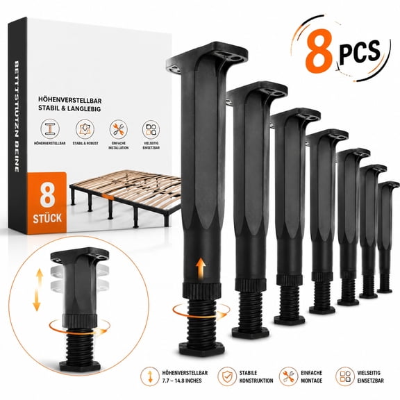 8 PCS Adjustable Bed Frame Support Legs,7.7 - 14.8 Inches Frame Center Slats Heavy Support Legs,Furniture Support Feet for Frame Sofa Dresser Chair Table Furniture Replacement Parts