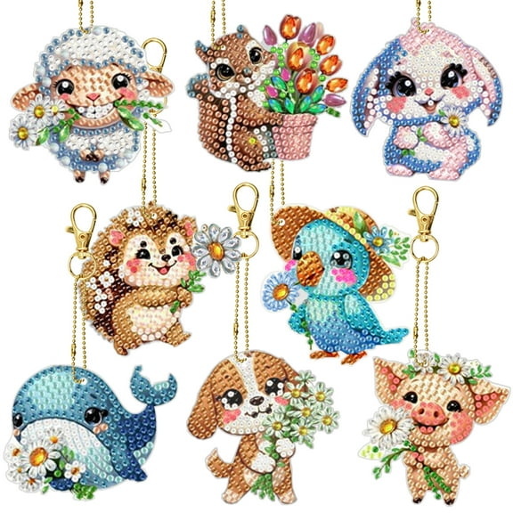 8 PCS Animal Diamond Art Painting Keychains Kits, FineGood 5D Diamond Art Suncatcher Kits Crystal Diamond Keychains, DIY Carft for Hanging Ornament
