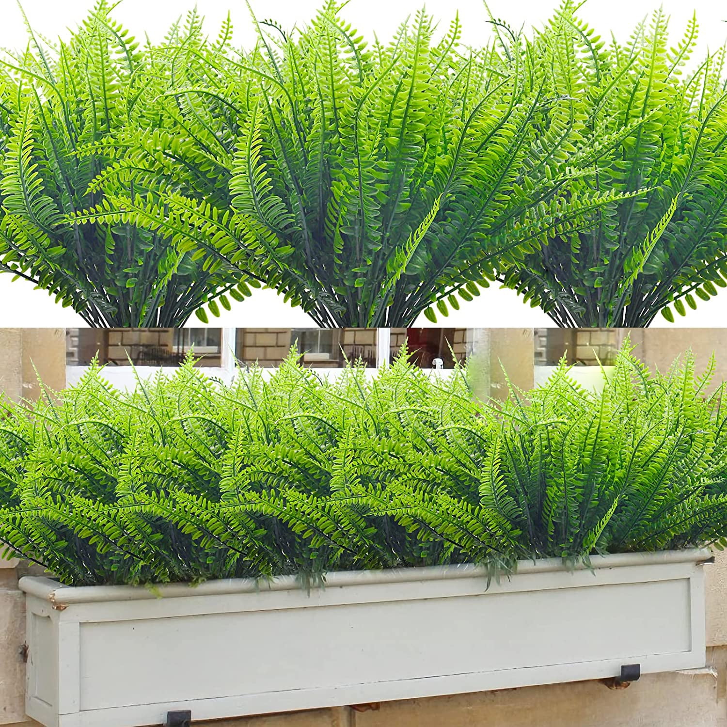 8 PCS Artificial Boxwood Stems Outdoors, Fake Boston Fern Plants Plastic Boxwood Greenery Shrubs