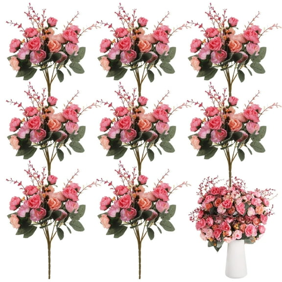 8 PCS Artificial Rose Bouquet, 21 Heads Realistic Silk Cloth Flowers with Plastic Leaves, Faux Floral Decoration Bundles for Wedding Bridal Centerpieces, DIY Table Flower Decor