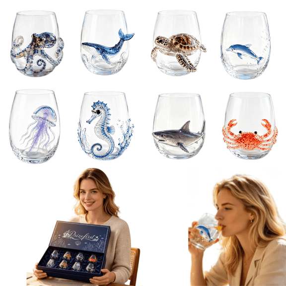 8 PCS Artisanal Blue Ringed Octopus Glassware - 3D Ocean Octopus Drinking Glass