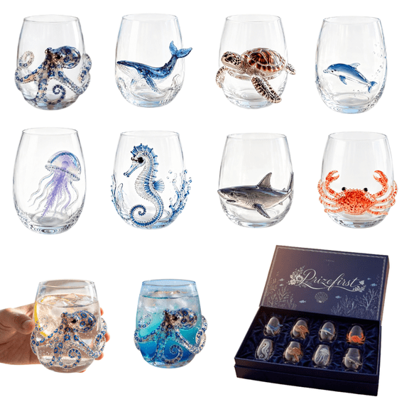 8 PCS Artisanal Blue Ringed Octopus Glassware, Artistic 3D Octopuses Stemless Wine Glasses, Handcrafted Marine Animal Bar Glass, Coastal Home Decor Gift for Ocean Lovers