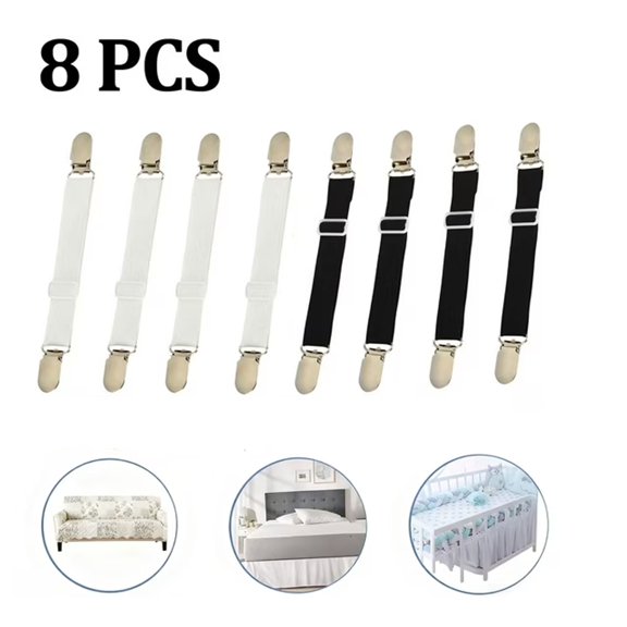 8 PCS Heavy Duty Bed Sheet Clips - Adjustable Elastic Grippers Non-Slip Mattress Holders for Bed Corners, Strong Suspender Fasteners to Keep Sheets in Place (Black+White)