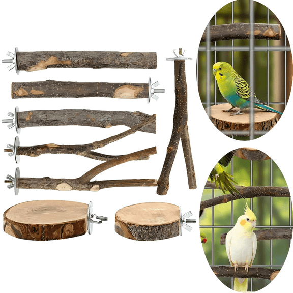 8 PCS Bird Perch Set Natural Apple Wood Platforms & Hardwood Branches for Small Birds, Habitat Gym, Climbing Stand & Safe Chew Toys for Parakeets, Budgies, Cockatiels