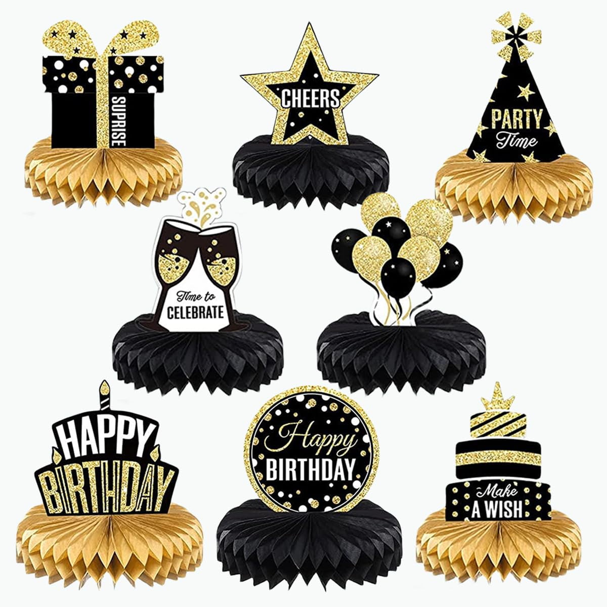 8 PCS Black Gold Happy Birthday Party Decorations Supplies, Birthday