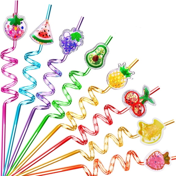 8 PCS Cartoon Fruit Spiral Reusable Drinking Straws, Cute Curly Decorative Plastic Straw Set, Party Favors for Home Bar Decor