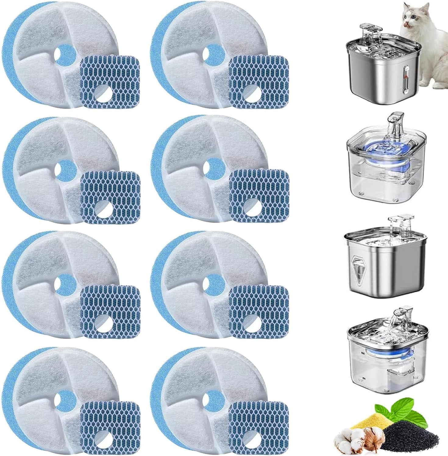 8 PCS Cat Water Fountain Filters, Pet Drinking Fountain Filter Replacement with Resin and Activated Carbon, Filter for Cat and Dog Fountains, Triple Filtration System, BPA Free