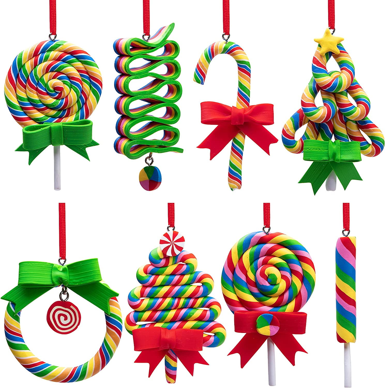 8 PCS Christmas Lollipop OrnamentsRainbow Lollipop Hanging OrnamentsChristmas Candies Polymer