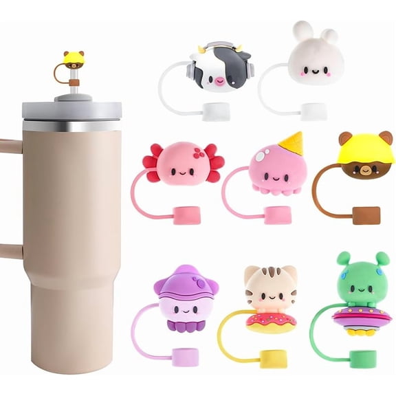 8 PCS Christmas Straw Topper, Straws Cover for Stanley 30&40 Oz Tumbler, Cute Christmas Straws Caps in Various Shapes, Drinking Straw Tip Covers for 0.4 Inch/10 mm Straw