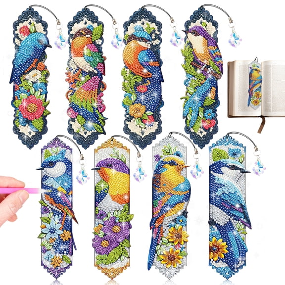 8 PCS Diamond Art Bookmark, DIY Bird Craft with Tassel, Practical Diamond Art Bookmark Kit for Beginner Reader Book Lover Present