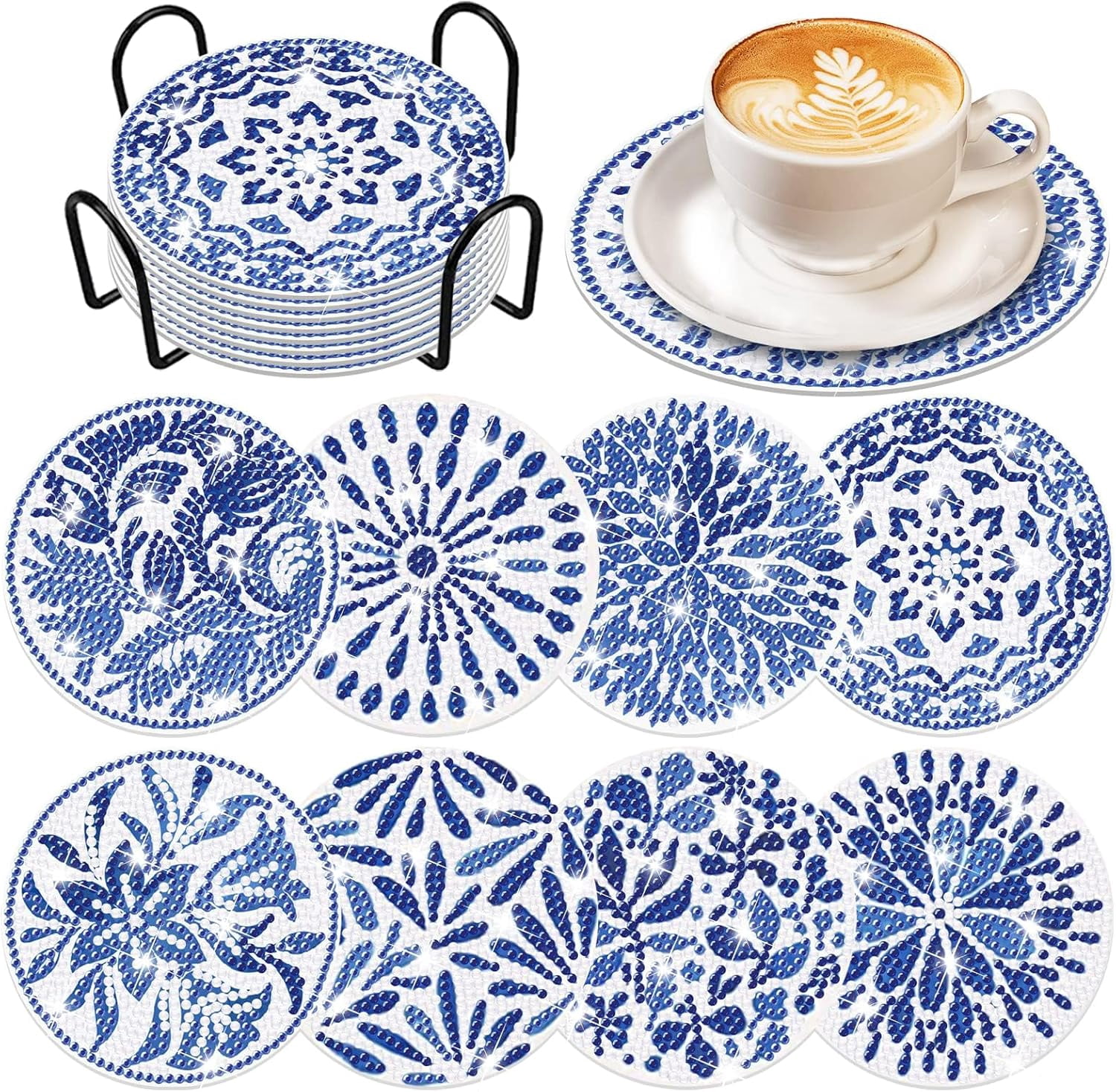 8 PCS Diamond Art Coasters Kit with Holder, Blue Watercolor Diamond Coasters for Beginners Adults Kids, DIY Diamond Art Crafts Supplies