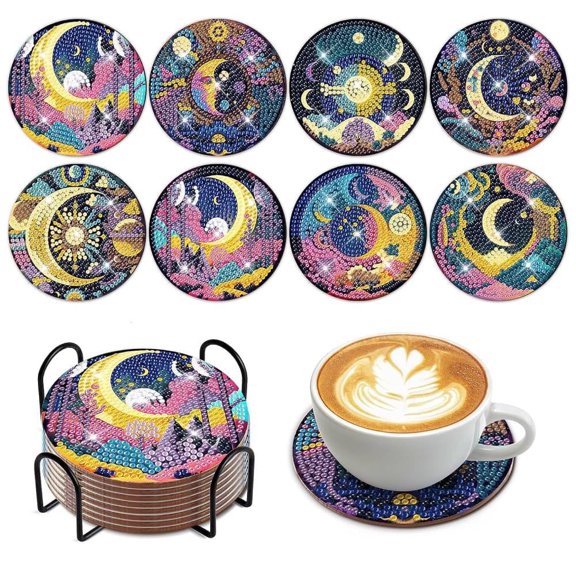 8 PCS Diamond Art Coasters Kits for Adults, Moon Diamond Coaster Art Kits for Beginners, Adults Stress-reducing Handicrafts Coasters with Holder Gem Art Kits Paint by Diamond