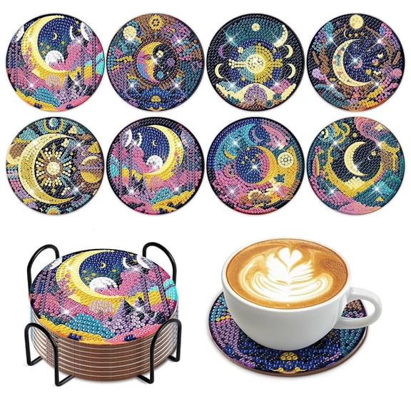 8 PCS Diamond Art Coasters Kits for Adults, Moon Diamond Coaster Art Kits for Beginners, Adults Stress-reducing Handicrafts Coasters with Holder Gem Art Kits Paint by Diamond